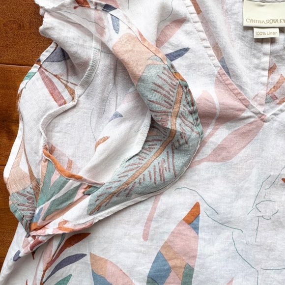 Cynthia Rowley 100% Linen Tunic Dress L Tropical Leaf Print Boho - Picture 7 of 10